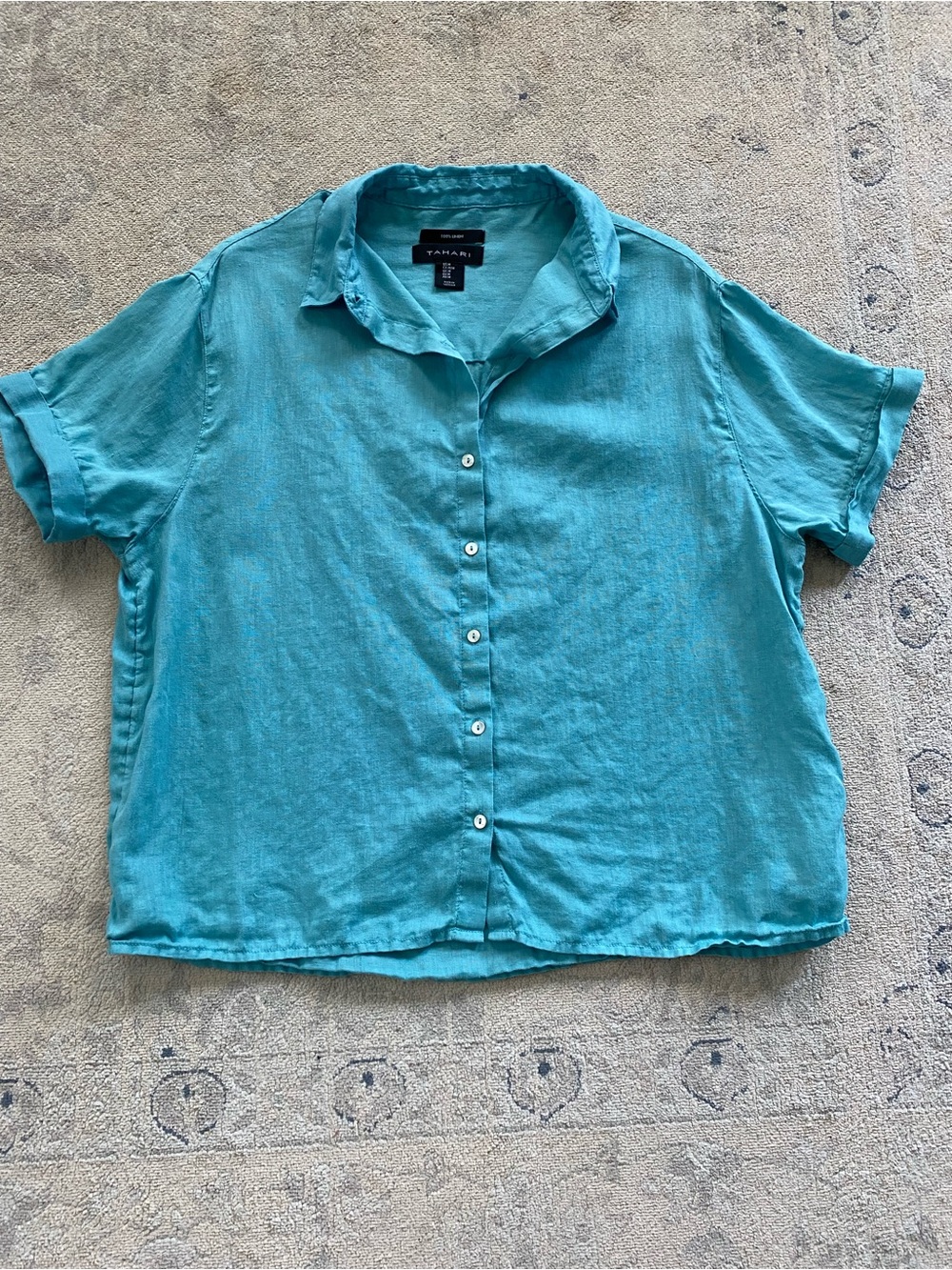 Tahari Linen Button Down Shirt Medium Blue Green Turquoise Mother of Pearl